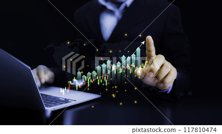 Business or trader is showing growing virtual hologram stocks, investing in trading.Business success concept . concept wealth stock investment.Business growth in the digital age. business growth.. Business or trader is showing growing virtual hologram stocks, investing in trading.Business success concept . concept wealth stock investment.Business growth in the digital age. business growth.. 117810474