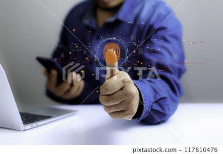 Technology fingerprint systems cyber security. Futuristic digital processing of biometric identification fingerprint scanner. Digital Future Security Surveillance and Scanning. Digital technology.. Technology fingerprint systems cyber security. Futuristic digital processing of biometric identification fingerprint scanner. Digital Future Security Surveillance and Scanning. Digital technology.. 117810476