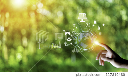eco friendly energy. Innovation technology eco green concept. Icon bulb energy sources for renewable on green blur background.Concept with innovation inspiration. Idea innovative from the big data 117810480