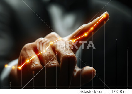Businessman touching an upward trend line on a virtual chart. Businessman touching an upward trend line on a virtual chart. 117810531
