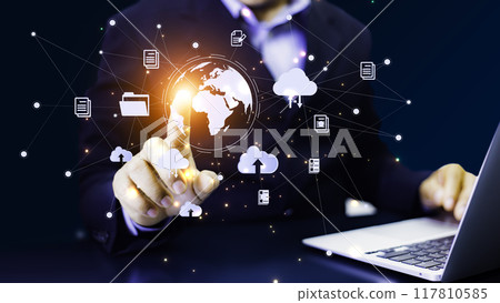 businessman sit and work on information technology networks internet connection Wireless devices around the world Information technology is essential for businesses in a digital world.. 117810585
