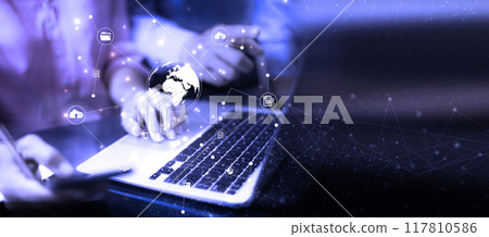 businessman sit and work on information technology networks internet connection Wireless devices around the world Information technology is essential for businesses in a digital world.. 117810586