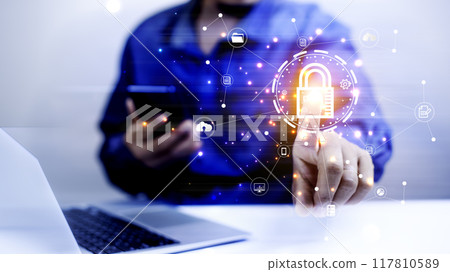 Cyber security concept protect information on internet network. Business scan keys unlock the screen with virtual screen interface to enter the network, futuristic virtual screen interface technology 117810589