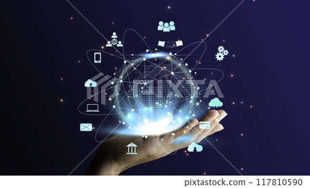 Information Technology Networks Internet Connecting Wireless Devices around the world. Information Technology is Essential to Businesses in the Digital world with  and Icons Connected to each other. 117810590