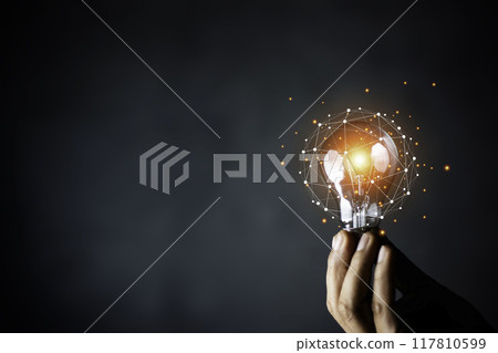 Businessman Touching Bulb.Concept of Ideas for success.Concept with innovation inspiration.Success start from new ideas to innovative technology relying on information from the internet big data 117810599