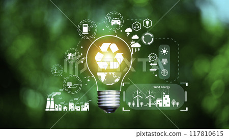 green energy concept help reduce global warming..green natural background light bulb on green leaf with clean energy icon around it. Carbon dioxide emission in industry zero carbon concept. green energy concept help reduce global warming..green natural background light bulb on green leaf with clean energy icon around it. Carbon dioxide emission in industry zero carbon concept. 117810615