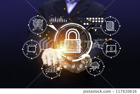 Cyber security concept protect information on internet network. Business scan keys unlock the screen with virtual screen interface to enter the network, futuristic virtual screen interface technology 117810616