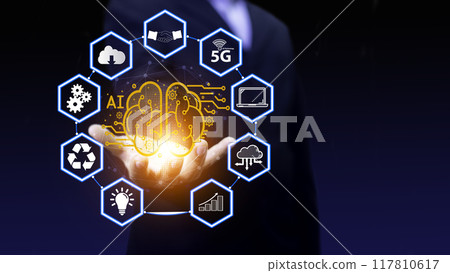 AI (Artificial Intelligence) Technology networks connecting wireless devices. AI technology is essential to business in the digital world. Futuristic virtual screen interface technology. AI (Artificial Intelligence) Technology networks connecting wireless devices. AI technology is essential to business in the digital world. Futuristic virtual screen interface technology. 117810617