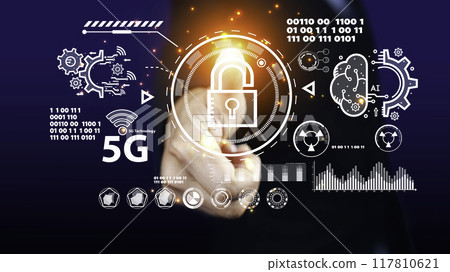 Cyber security concept protect information on internet network. Business scan keys unlock the screen with virtual screen interface to enter the network, futuristic virtual screen interface technology 117810621