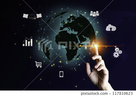 Information Technology Networks Internet Connecting Wireless Devices around the world. Information Technology is Essential to Businesses in the Digital world with  and Icons Connected to each other 117810623