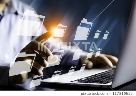 Business working using laptop  on Futuristic virtual screen interface Technology. networks internet connection Wireless devices around the world Information technology is essential for businesses. 117810633