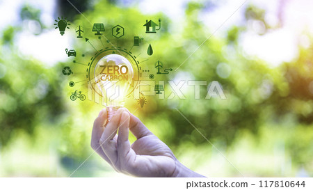 green energy concept help reduce global warming..Hand holding natural background light bulb on green leaf with clean energy icon around it. Carbon dioxide emission in industry zero carbon concept.. 117810644