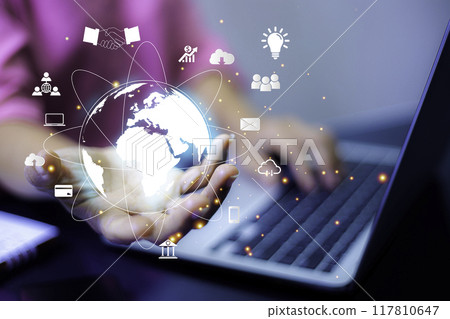 businessman sit and work on information technology networks internet connection Wireless devices around the world Information technology is essential for businesses in a digital world.. 117810647