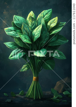Fresh Bunch of Spinach Leaves on Dark Background - Vibrant Green Vegetables for Healthy Eating and Cooking 117811040