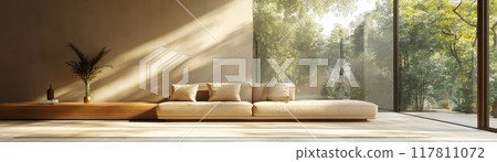 Modern Minimalist Living Room with Large Windows Overlooking a Serene Forest 117811072