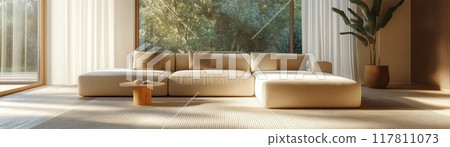 Modern Minimalist Living Room with Large Windows and Natural Light Modern Minimalist Living Room with Large Windows and Natural Light 117811073