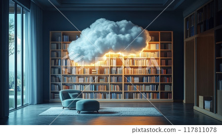 Cozy Modern Library with Floating Cloud Lamp and Comfortable Reading Chair in a Serene Home Setting 117811078