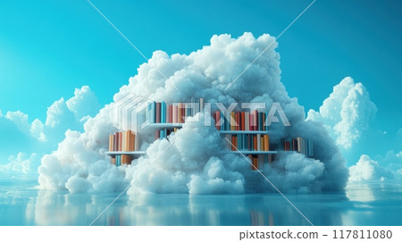 Surreal Cloud Library Floating in the Sky with Colorful Books and Dreamy Atmosphere Surreal Cloud Library Floating in the Sky with Colorful Books and Dreamy Atmosphere 117811080