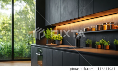 Modern Minimalist Kitchen with Black Cabinets and Large Windows Overlooking a Green Garden Modern Minimalist Kitchen with Black Cabinets and Large Windows Overlooking a Green Garden 117811081