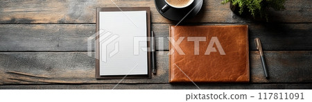Elegant Workspace with Leather Notebook, Blank Notepad, Pen, Coffee Cup, and Plant on Rustic Wooden Desk Elegant Workspace with Leather Notebook, Blank Notepad, Pen, Coffee Cup, and Plant on Rustic Wooden Desk 117811091