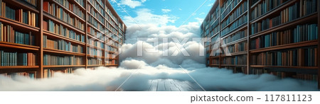 Surreal Library with Endless Bookshelves and Clouds Under a Bright Blue Sky Surreal Library with Endless Bookshelves and Clouds Under a Bright Blue Sky 117811123