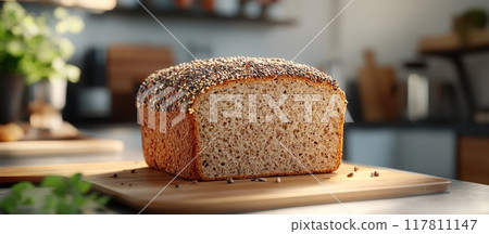 Freshly Baked Whole Grain Bread Loaf with Seeds on Wooden Cutting Board in Modern Kitchen 117811147