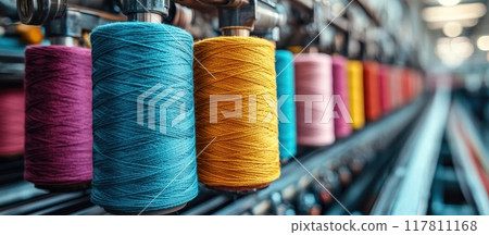 Colorful Spools of Thread on Industrial Sewing Machine in Textile Factory Colorful Spools of Thread on Industrial Sewing Machine in Textile Factory 117811168