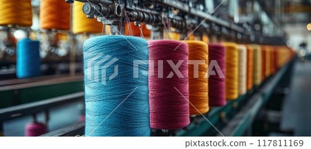 Colorful Spools of Thread in a Modern Textile Factory with Industrial Machinery in the Background 117811169