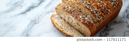 Freshly Baked Multigrain Bread Loaf with Slices on Marble Surface, Healthy and Nutritious Food 117811171
