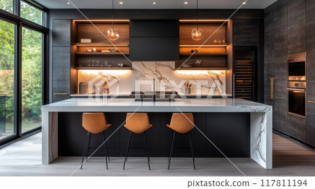 Modern Luxury Kitchen with Marble Island, Sleek Black Cabinets, and Warm Lighting Modern Luxury Kitchen with Marble Island, Sleek Black Cabinets, and Warm Lighting 117811194