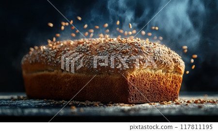 Freshly Baked Artisan Bread with Sesame Seeds and Steam Rising in a Rustic Kitchen Setting 117811195