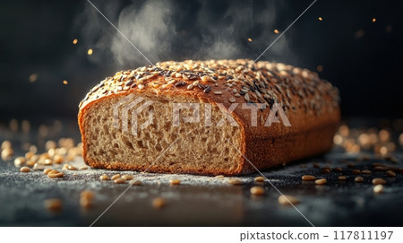 Freshly Baked Whole Grain Bread Loaf with Seeds on Top and Flour Dusting in a Rustic Kitchen Setting 117811197