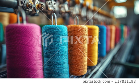 Colorful Spools of Thread on Industrial Textile Machine in Modern Factory Setting 117811198