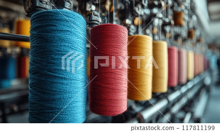 Colorful Spools of Thread on Industrial Textile Machine in Factory Setting 117811199