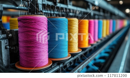 Colorful Spools of Thread in a Modern Textile Factory with Industrial Machinery in the Background 117811200