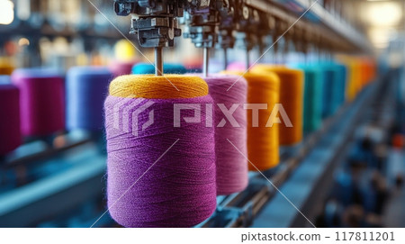 Colorful Spools of Thread in a Modern Textile Factory with Industrial Machinery in the Background 117811201