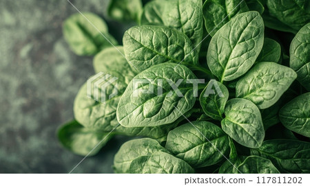 Fresh Green Spinach Leaves Close-Up on Dark Background - Healthy Organic Vegetables for Cooking and Salads Fresh Green Spinach Leaves Close-Up on Dark Background - Healthy Organic Vegetables for Cooking and Salads 117811202