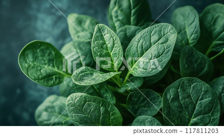 Fresh Green Spinach Leaves Close-Up with Detailed Texture and Vibrant Color on Dark Background Fresh Green Spinach Leaves Close-Up with Detailed Texture and Vibrant Color on Dark Background 117811203