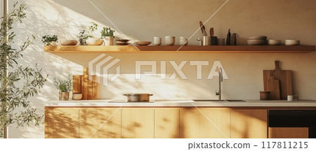 Modern Minimalist Kitchen with Wooden Cabinets and Open Shelving Bathed in Natural Light 117811215