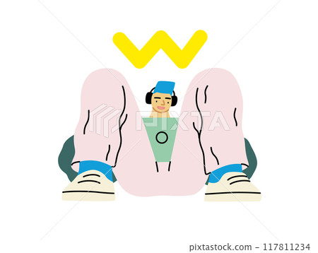Creative workspace, modern flat vector concept illustration of a man working sitting with a computer with headphones Remote work, flexibility, independence, efficiency, mobility, synergy, freedom 117811234