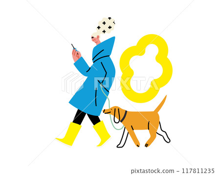 Creative workspace, modern flat vector concept illustration of a woman working on the phone walking with a dog Remote work, flexibility, independence, efficiency, mobility, synergy, freedom Creative workspace, modern flat vector concept illustration of a woman working on the phone walking with a dog Remote work, flexibility, independence, efficiency, mobility, synergy, freedom 117811235