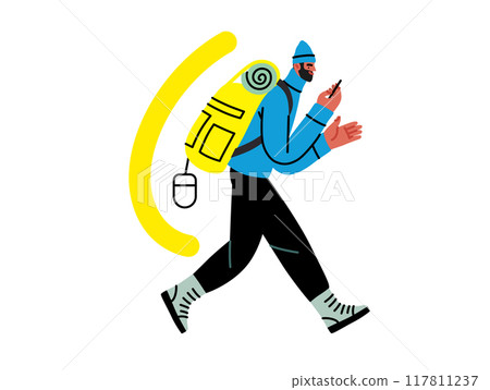 Creative workspace, modern flat vector concept illustration of a man working hiking with a backpack and phone, Remote work, flexibility, independence, efficiency, mobility, synergy, freedom 117811237