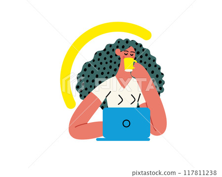 Creative workspace, modern flat vector concept illustration of a woman drinking coffee working sitting with a computer Remote work, flexibility, independence, efficiency, mobility, synergy, freedom 117811238