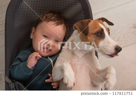 A dog and a cute three-month-old boy dressed in a blue overalls are sitting together in a baby lounger. A dog and a cute three-month-old boy dressed in a blue overalls are sitting together in a baby lounger. 117811751