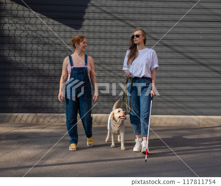 Blind caucasian woman walking with guide dog and pregnant girlfriend. Blind caucasian woman walking with guide dog and pregnant girlfriend. 117811754