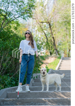 Young blind woman walking down the stairs in the park with a tactile cane and guide dog. Young blind woman walking down the stairs in the park with a tactile cane and guide dog. 117811879