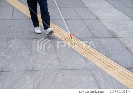 Close-up of the legs of a blind businesswoman walking along a tactile tile with a cane. Close-up of the legs of a blind businesswoman walking along a tactile tile with a cane. 117811914