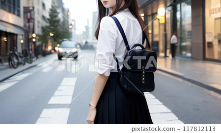 年輕女子在城市街道上轉身，生成人工智慧 117812113