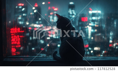 Silhouette of a Cat Sitting by a Rainy Window Overlooking a Vibrant Cityscape at Night Silhouette of a Cat Sitting by a Rainy Window Overlooking a Vibrant Cityscape at Night 117812528