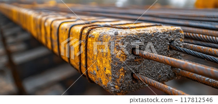 Close-up of Rusty Reinforced Concrete Beam with Steel Rebar in Construction Site 117812546
